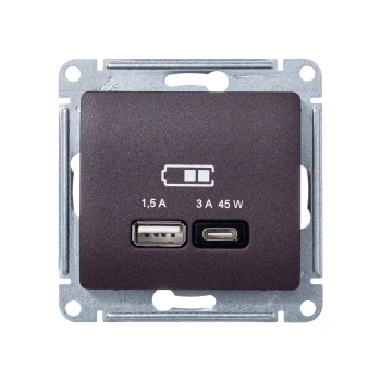 Розетка USB 2-ая Тип А+С 45 Вт (для подзарядки), Шоколад, серия Glossa, Schneider Electric