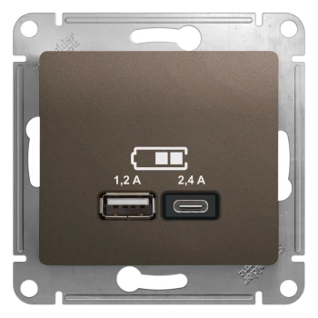 Розетка USB 2-ая Тип А+С, 2400 мА (для подзарядки), Шоколад, серия Glossa, Schneider Electric