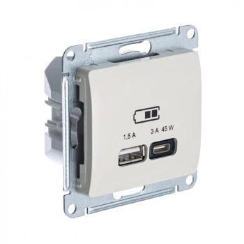 Розетка USB 2-ая Тип А+С 45 Вт (для подзарядки), Молочный, серия Glossa, Schneider Electric