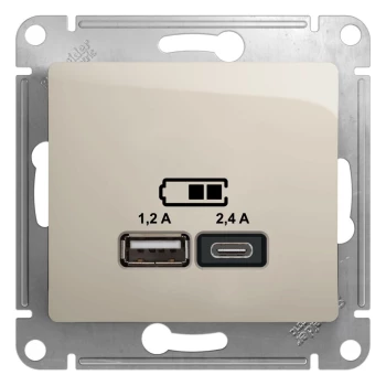 Розетка USB 2-ая Тип А+С, 2400 мА (для подзарядки), Молочный, серия Glossa, Schneider Electric