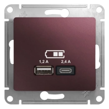 Розетка USB 2-ая Тип А+С, 2400 мА (для подзарядки), Баклажановый, серия Glossa, Schneider Electric