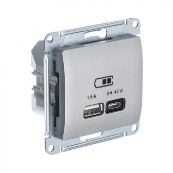 Розетка USB 2-ая Тип А+С 45 Вт (для подзарядки), Платина, серия Glossa, Schneider Electric