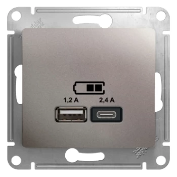 Розетка USB 2-ая Тип А+С, 2400 мА (для подзарядки), Платина, серия Glossa, Schneider Electric