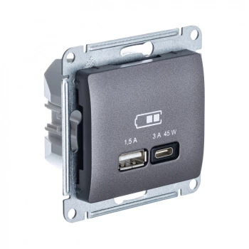 Розетка USB 2-ая Тип А+С 45 Вт (для подзарядки), Графит, серия Glossa, Schneider Electric