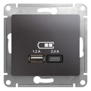 Розетка USB 2-ая Тип А+С, 2400 мА (для подзарядки), Графит, серия Glossa, Schneider Electric
