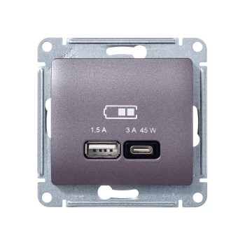 Розетка USB 2-ая Тип А+С 45 Вт (для подзарядки), Сиреневый туман, серия Glossa, Schneider Electric