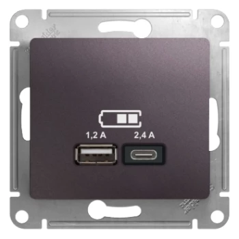 Розетка USB 2-ая Тип А+С, 2400 мА (для подзарядки), Сиреневый туман, серия Glossa, Schneider Electric