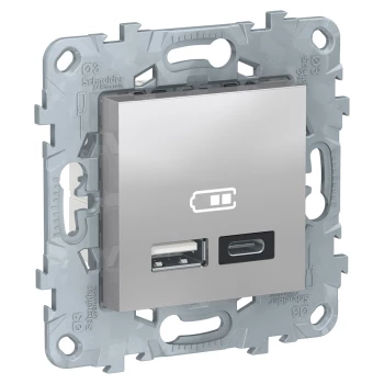 Розетка USB 2-ая Тип А+С, 2400 мА (для подзарядки), Алюминий, серия Unica Studio/Pure, Schneider Electric
