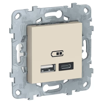 Розетка USB 2-ая Тип А+С, 2400 мА (для подзарядки), Бежевый, серия Unica Studio/Pure, Schneider Electric