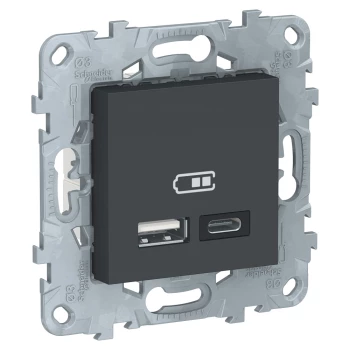 Розетка USB 2-ая Тип А+С, 2400 мА (для подзарядки), Антрацит, серия Unica Studio/Pure, Schneider Electric