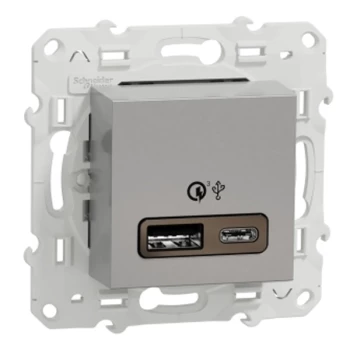 Розетка USB 2-ая Тип А+С, быстрая зарядка, 18Вт, Алюминий, серия Unica Studio/Pure, Schneider Electric
