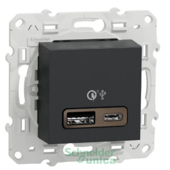 Розетка USB 2-ая Тип А+С, быстрая зарядка, 18Вт, Антрацит, серия Unica Studio/Pure, Schneider Electric
